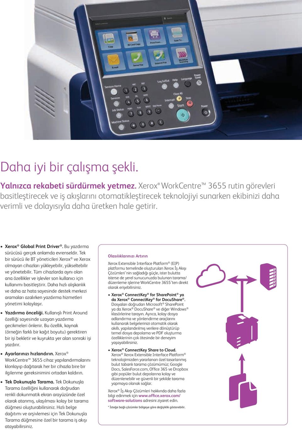 Xerox Global Print Driver. Bu yazdırma sürücüsü gerçek anlamda evrenseldir. Tek bir sürücü ile BT yöneticileri Xerox ve Xerox olmayan cihazları yükleyebilir, yükseltebilir ve yönetebilir.