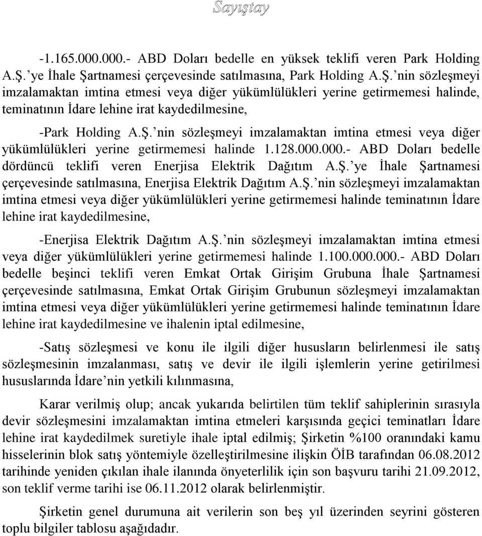 Ş. nin sözleşmeyi imzalamaktan imtina etmesi veya diğer yükümlülükleri yerine getirmemesi halinde 1.128.000.000.- ABD Doları bedelle dördüncü teklifi veren Enerjisa Elektrik Dağıtım A.Ş. ye İhale Şartnamesi çerçevesinde satılmasına, Enerjisa Elektrik Dağıtım A.