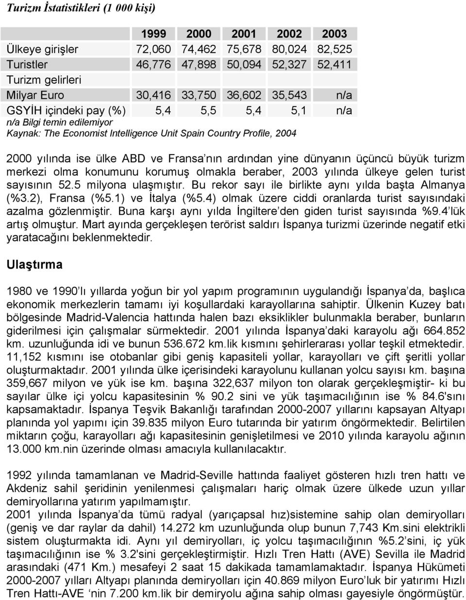 ardından yine dünyanın üçüncü büyük turizm merkezi olma konumunu korumuş olmakla beraber, 2003 yılında ülkeye gelen turist sayısının 52.5 milyona ulaşmıştır.