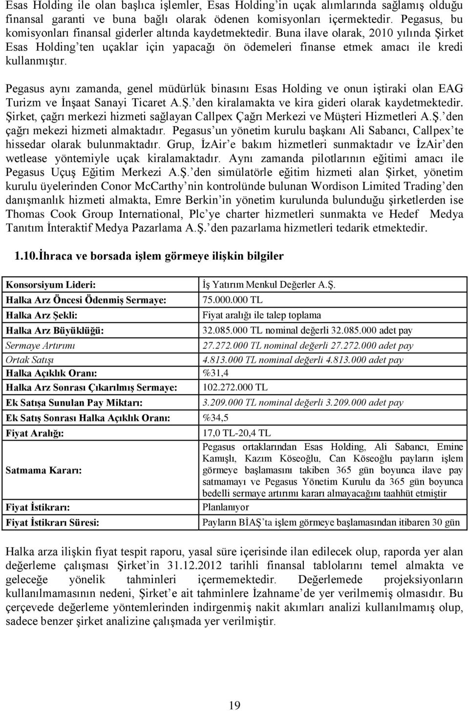 Buna ilave olarak, 2010 yılında Şirket Esas Holding ten uçaklar için yapacağı ön ödemeleri finanse etmek amacı ile kredi kullanmıştır.