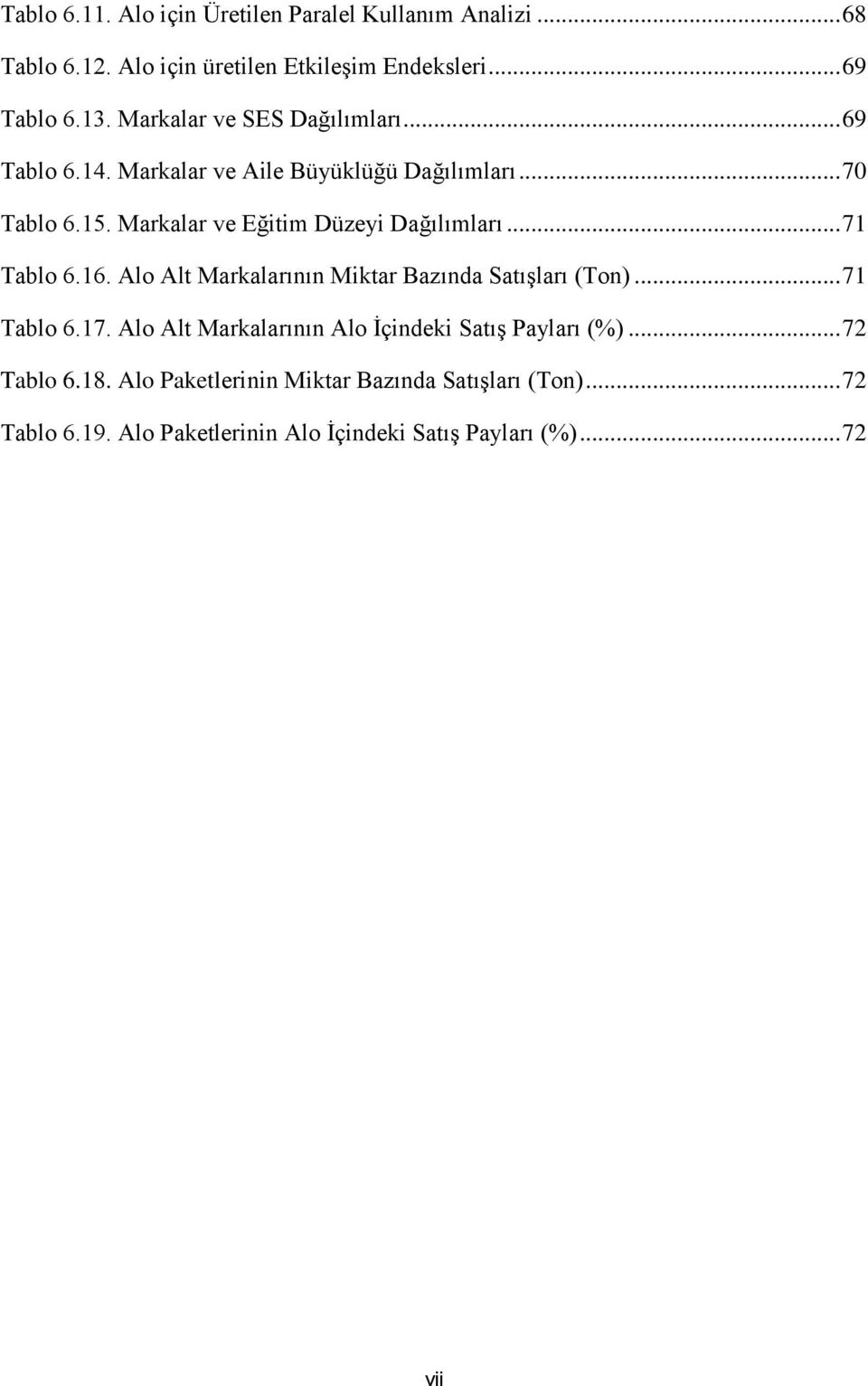 Markalar ve Eğitim Düzeyi Dağılımları... 71 Tablo 6.16. Alo Alt Markalarının Miktar Bazında Satışları (Ton)... 71 Tablo 6.17.