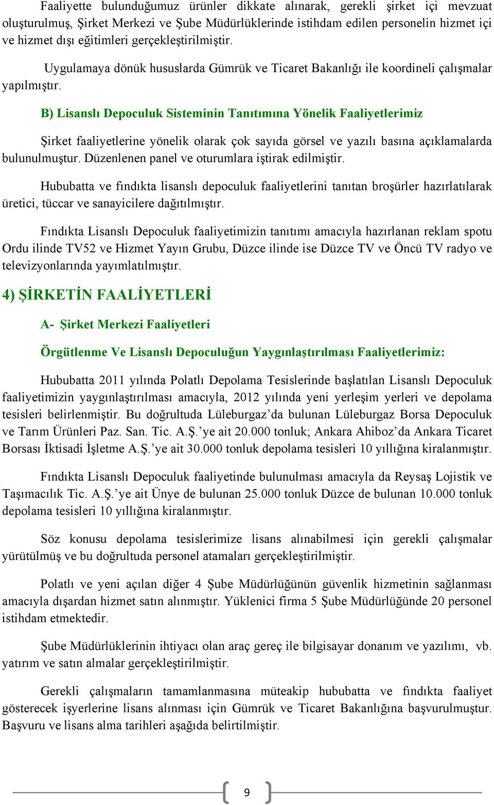 B) Lisanslı Depoculuk Sisteminin Tanıtımına Yönelik Faaliyetlerimiz Şirket faaliyetlerine yönelik olarak çok sayıda görsel ve yazılı basına açıklamalarda bulunulmuştur.