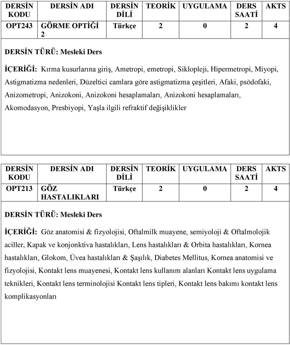 HASTALIKLARI Türkçe 2 0 2 4 TÜRÜ: Mesleki Ders İÇERİĞİ: Göz anatomisi & fizyolojisi, Oftalmilk muayene, semiyoloji & Oftalmolojik aciller, Kapak ve konjonktiva hastalıkları, Lens hastalıkları &