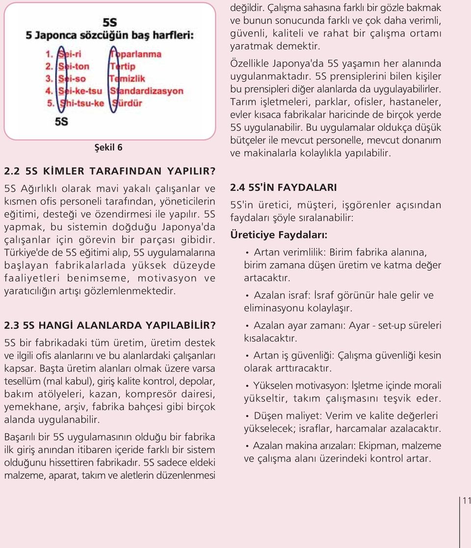 Türkiye'de de 5S e itimi al p, 5S uygulamalar na bafllayan fabrikalarlada yüksek düzeyde faaliyetleri benimseme, motivasyon ve yarat c l n art fl gözlemlenmektedir. 2.3 5S HANG ALANLARDA YAPILAB L R?