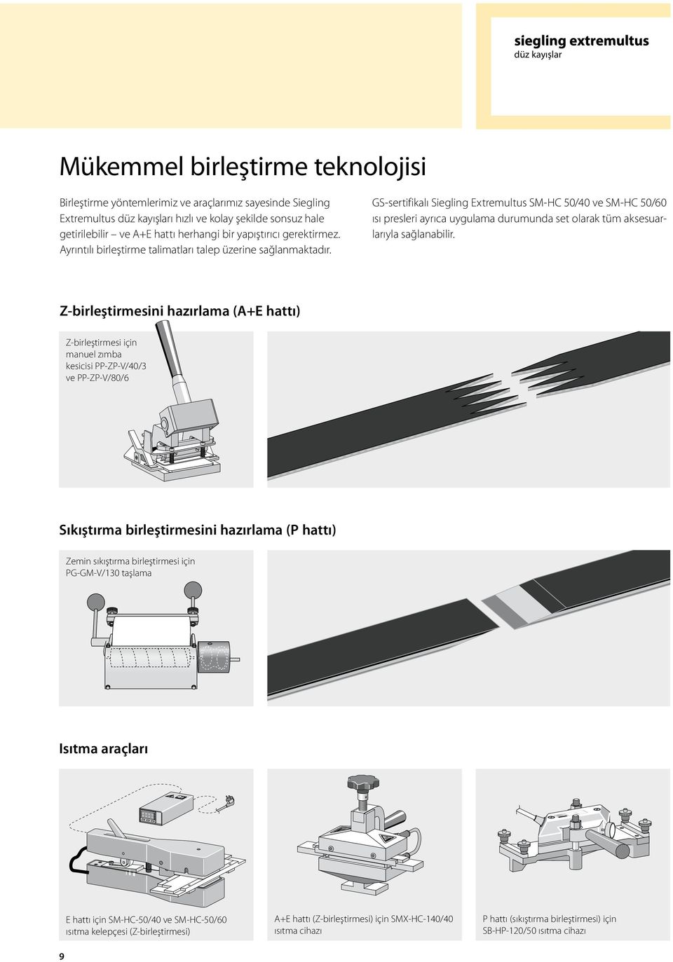 GS-sertifikalı Siegling Extremultus SM-HC 50/40 ve SM-HC 50/60 ısı presleri ayrıca uygulama durumunda set olarak tüm aksesuarlarıyla sağlanabilir.