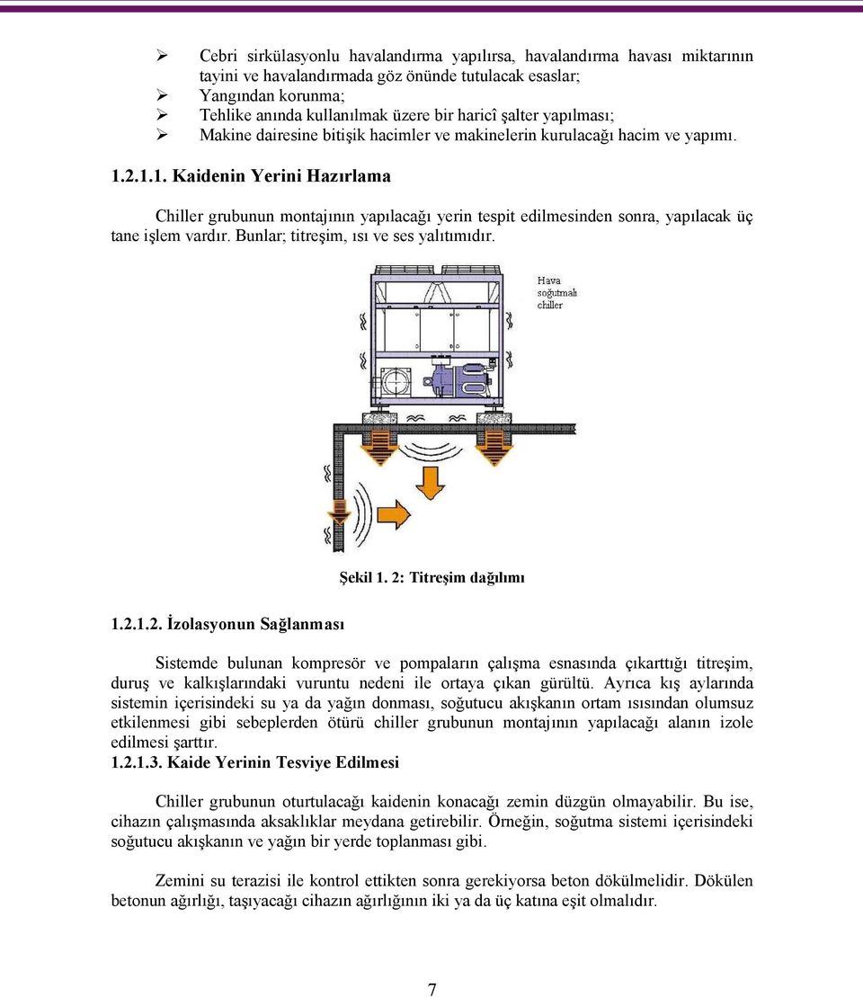 2.1.1. Kaidenin Yerini Hazırlama Chiller grubunun montajının yapılacağı yerin tespit edilmesinden sonra, yapılacak üç tane işlem vardır. Bunlar; titreşim, ısı ve ses yalıtımıdır. Şekil 1.