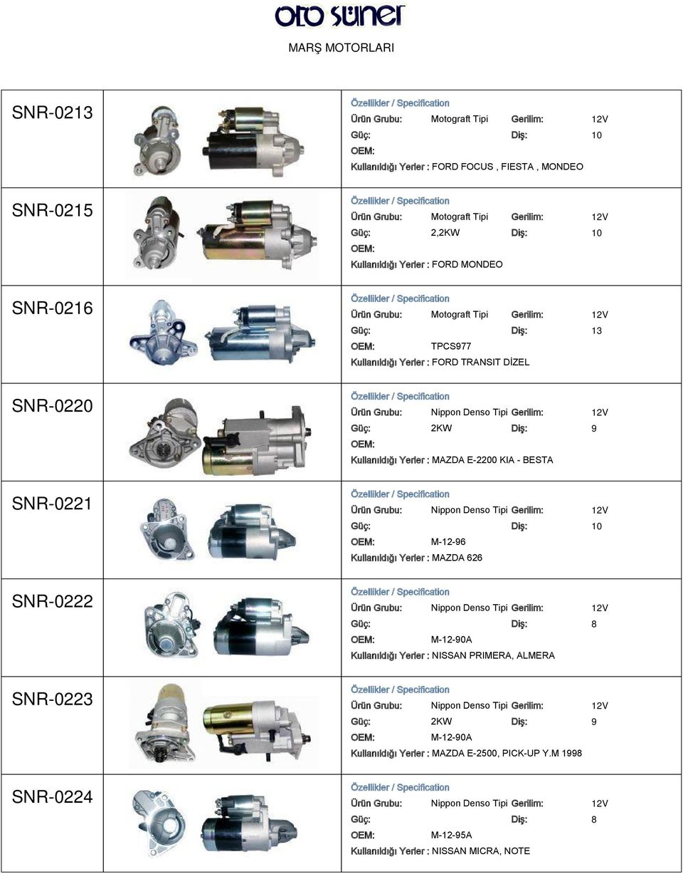 Yerler : FORD TRANSIT DİZEL Güç: 2KW Diş: 9 Kullanıldığı Yerler : MAZDA E-2200 KIA - BESTA M-12-96 Kullanıldığı Yerler : MAZDA 626 Güç: Diş: 8 M-12-90A Kullanıldığı