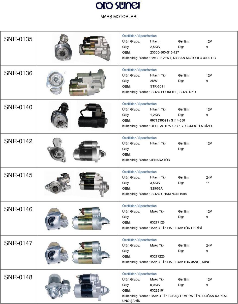 Kullanıldığı Yerler : OPEL ASTRA 1.5 / 1.7, COMBO 1.