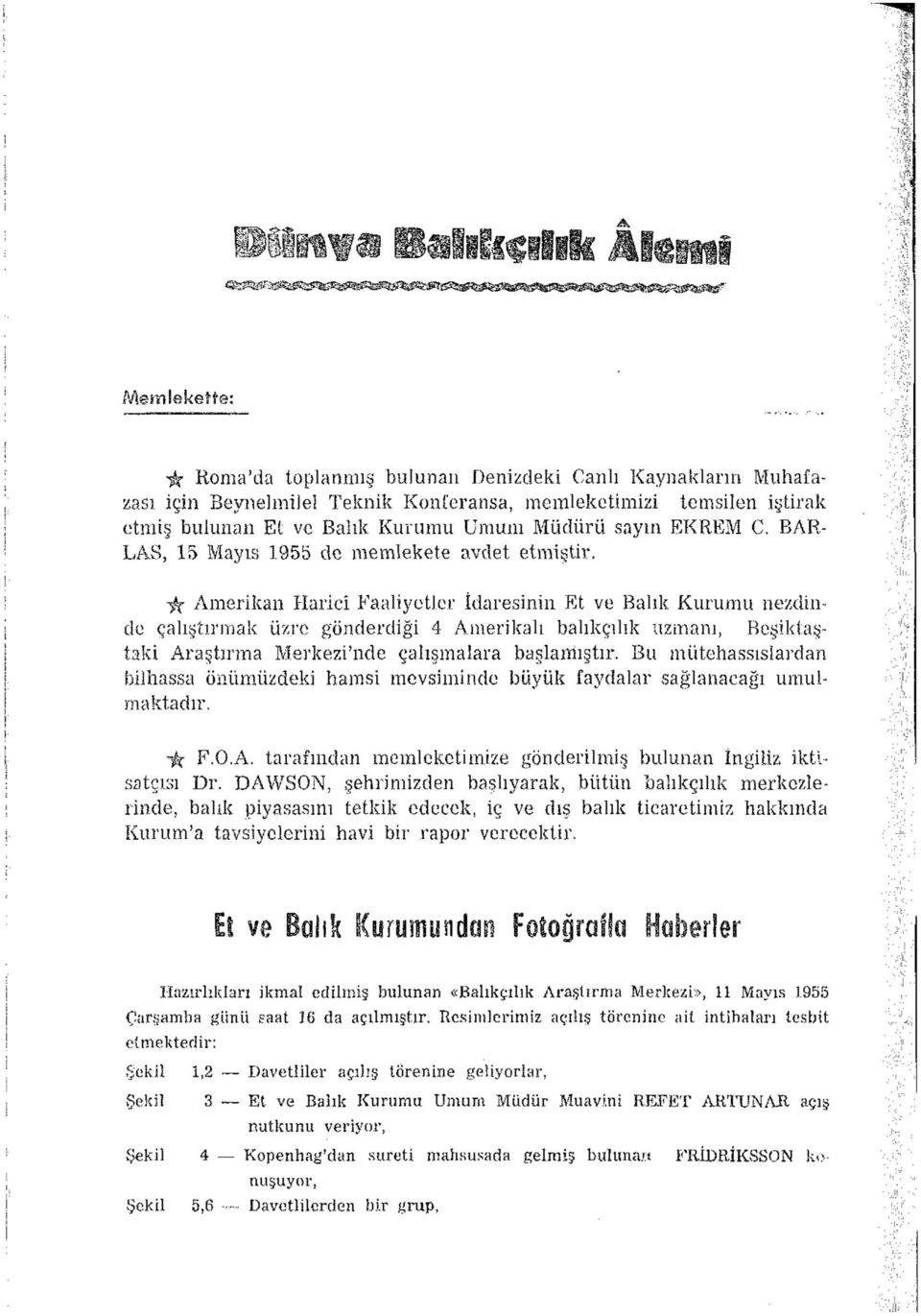 Amerikan Haricî Faaliyetler İdaresinin Et ve Balık Kurumu nezdinde çalıştırmak üzre gönderdiği 4 Amerikalı balıkçılık uzmanı, Beşiktaştaki Araştırına Merkezi'nde çalışmalara başlamıştır.