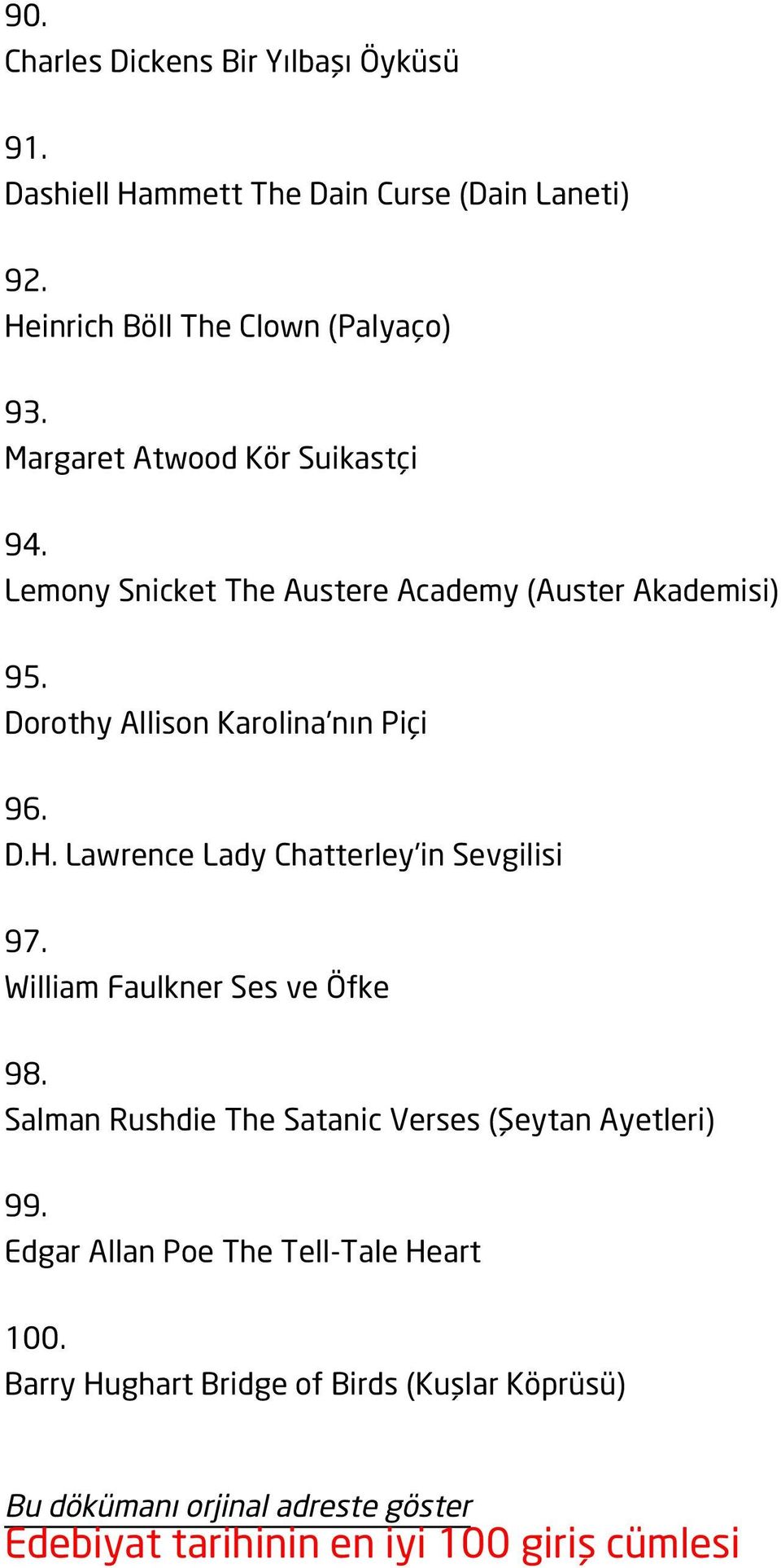 Lawrence Lady Chatterley'in Sevgilisi 97. William Faulkner Ses ve Öfke 98. Salman Rushdie The Satanic Verses (Şeytan Ayetleri) 99.