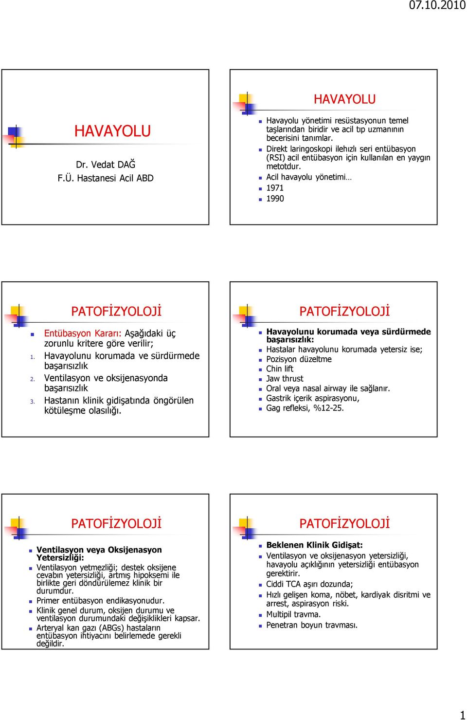 Havayolunu korumada ve sürdürmede başarısızlık 2. Ventilasyon ve oksijenasyonda başarısızlık 3. Hastanın klinik gidişatında öngörülen kötüleşme olasılığı.