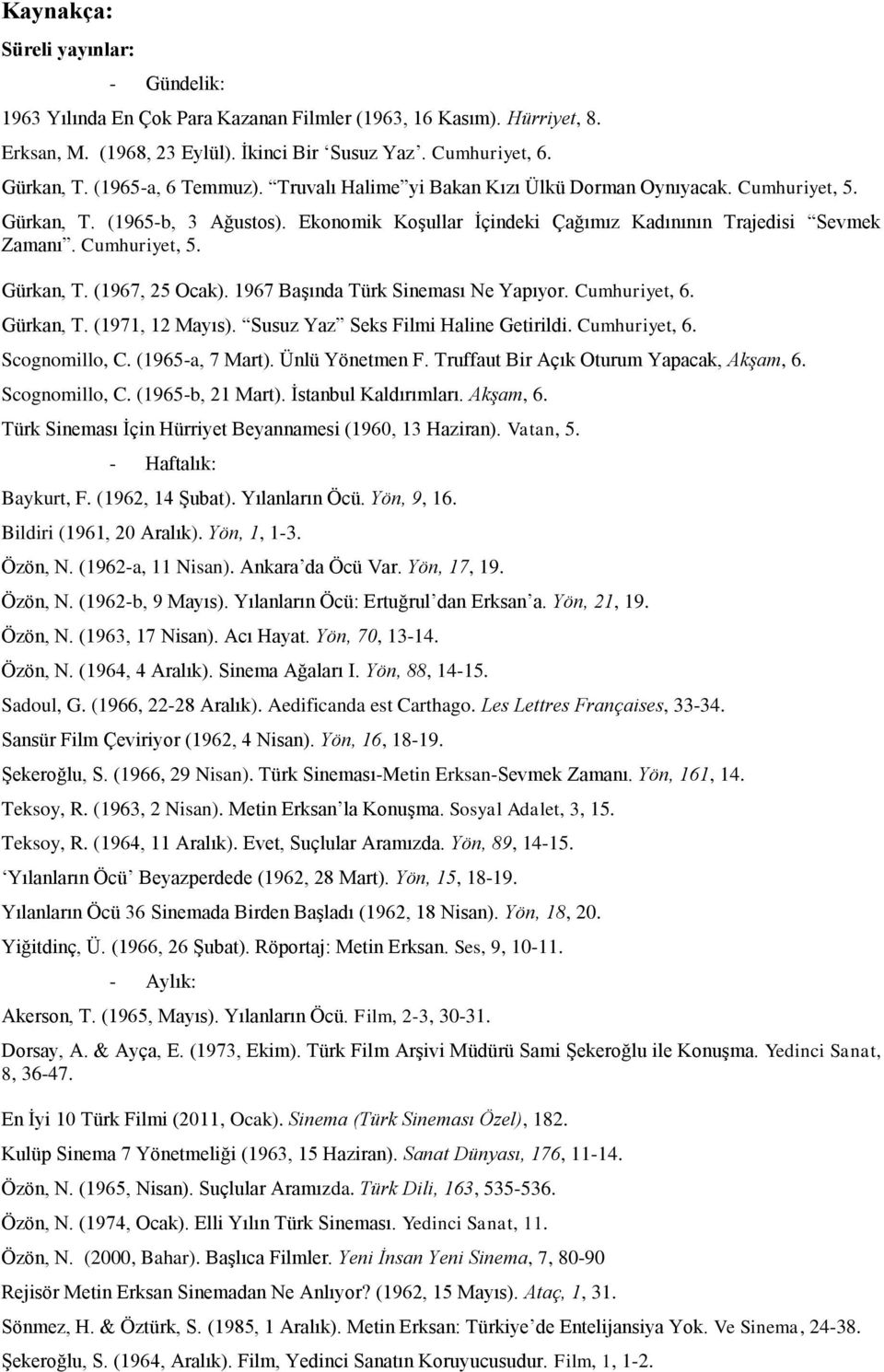 Cumhuriyet, 5. Gürkan, T. (1967, 25 Ocak). 1967 Başında Türk Sineması Ne Yapıyor. Cumhuriyet, 6. Gürkan, T. (1971, 12 Mayıs). Susuz Yaz Seks Filmi Haline Getirildi. Cumhuriyet, 6. Scognomillo, C.