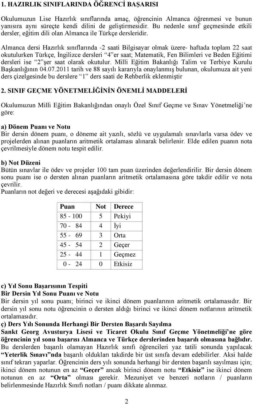 Almanca dersi Hazırlık sınıflarında -2 saati Bilgisayar olmak üzere- haftada toplam 22 saat okutulurken Türkçe, İngilizce dersleri 4 er saat; Matematik, Fen Bilimleri ve Beden Eğitimi dersleri ise 2