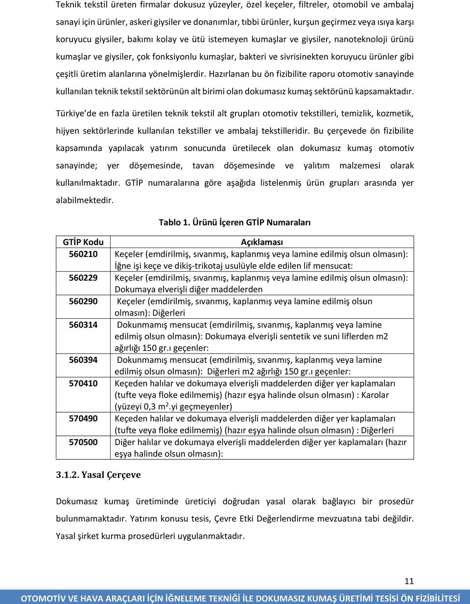 üretim alanlarına yönelmişlerdir. Hazırlanan bu ön fizibilite raporu otomotiv sanayinde kullanılan teknik tekstil sektörünün alt birimi olan dokumasız kumaş sektörünü kapsamaktadır.