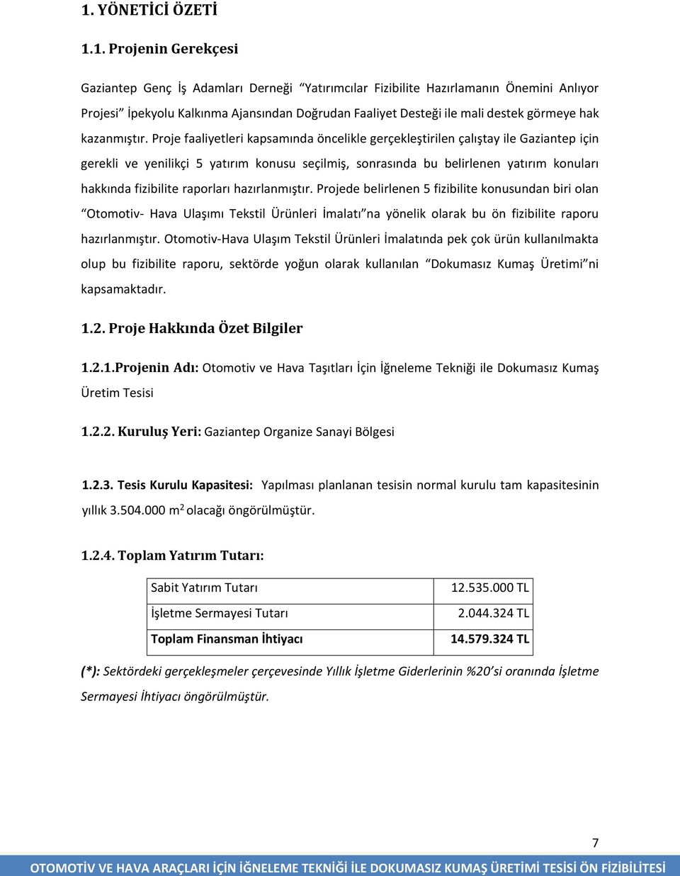 Proje faaliyetleri kapsamında öncelikle gerçekleştirilen çalıştay ile Gaziantep için gerekli ve yenilikçi 5 yatırım konusu seçilmiş, sonrasında bu belirlenen yatırım konuları hakkında fizibilite