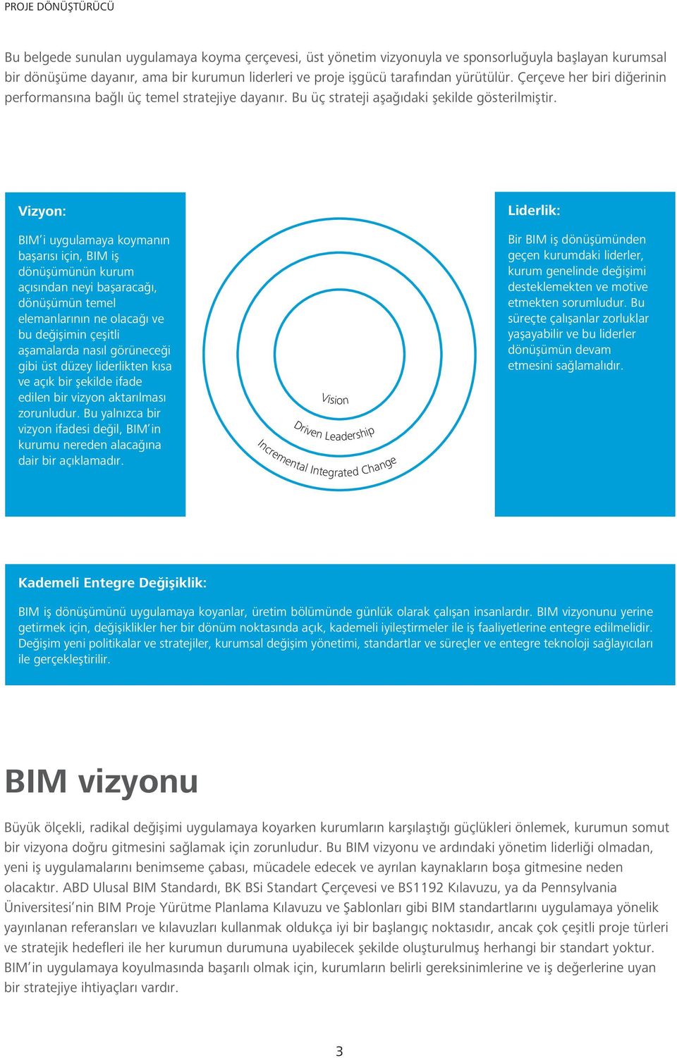 Vizyon: BIM i uygulamaya koymanın başarısı için, BIM iş dönüşümünün kurum açısından neyi başaracağı, dönüşümün temel elemanlarının ne olacağı ve bu değişimin çeşitli aşamalarda nasıl görüneceği gibi