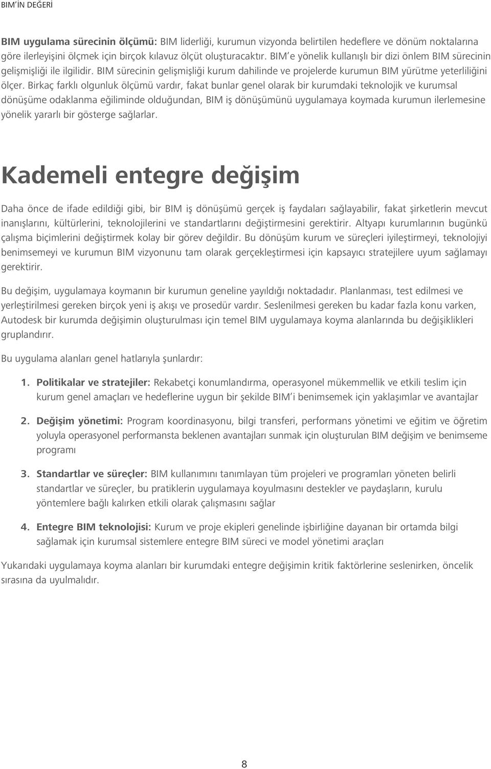 Birkaç farklı olgunluk ölçümü vardır, fakat bunlar genel olarak bir kurumdaki teknolojik ve kurumsal dönüşüme odaklanma eğiliminde olduğundan, BIM iş dönüşümünü uygulamaya koymada kurumun