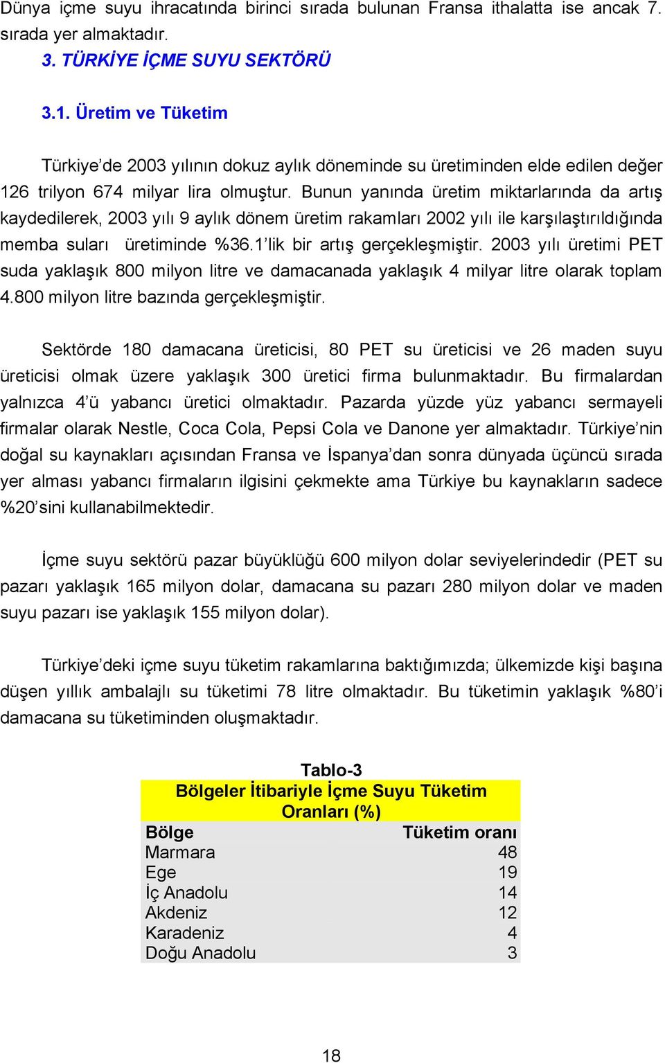 Bunun yanında üretim miktarlarında da artış kaydedilerek, 2003 yılı 9 aylık dönem üretim rakamları 2002 yılı ile karşılaştırıldığında memba suları üretiminde %36.1 lik bir artış gerçekleşmiştir.