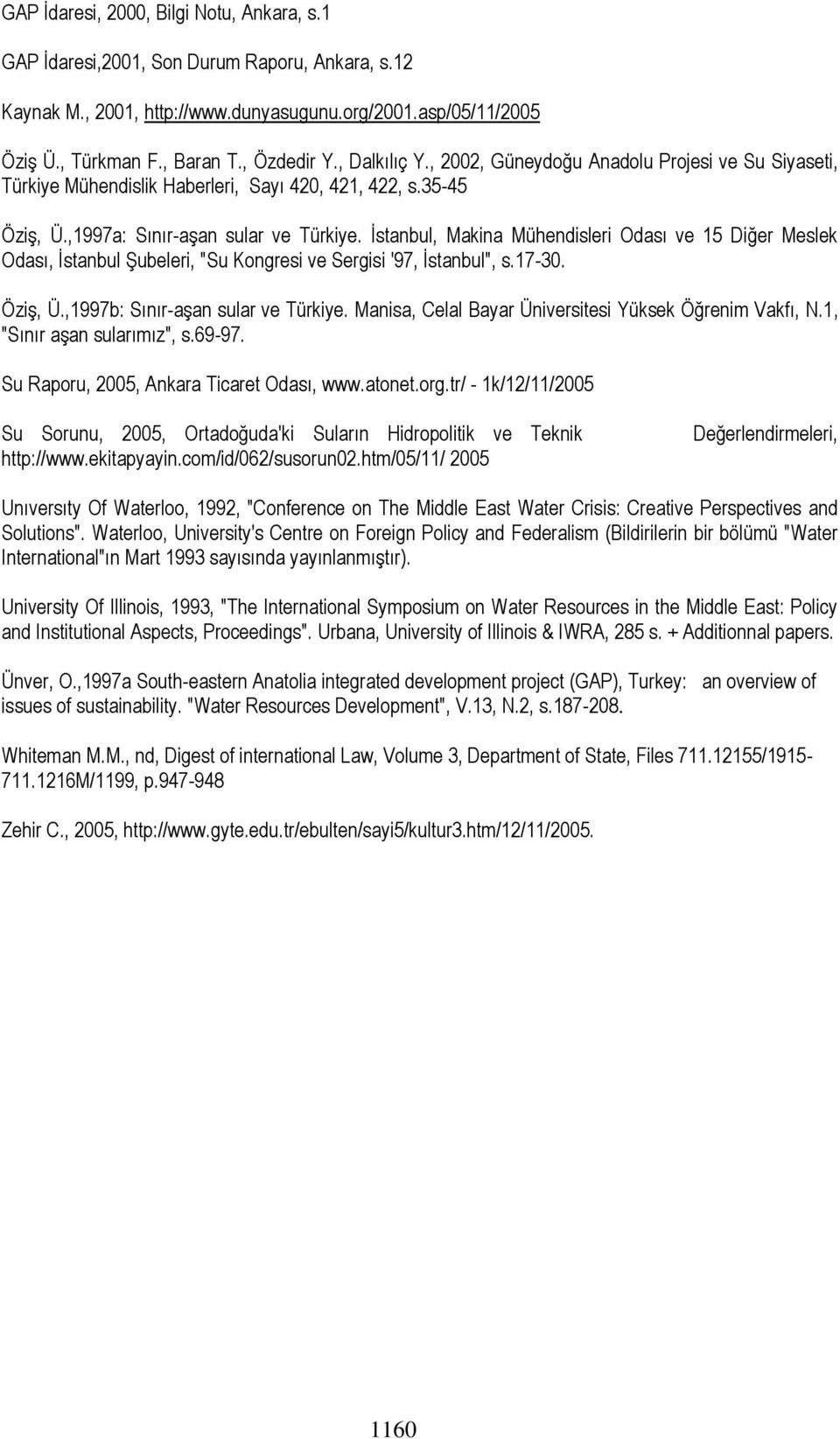 İstanbul, Makina Mühendisleri Odası ve 15 Diğer Meslek Odası, İstanbul Şubeleri, "Su Kongresi ve Sergisi '97, İstanbul", s.17-30. Öziş, Ü.,1997b: Sınır-aşan sular ve Türkiye.