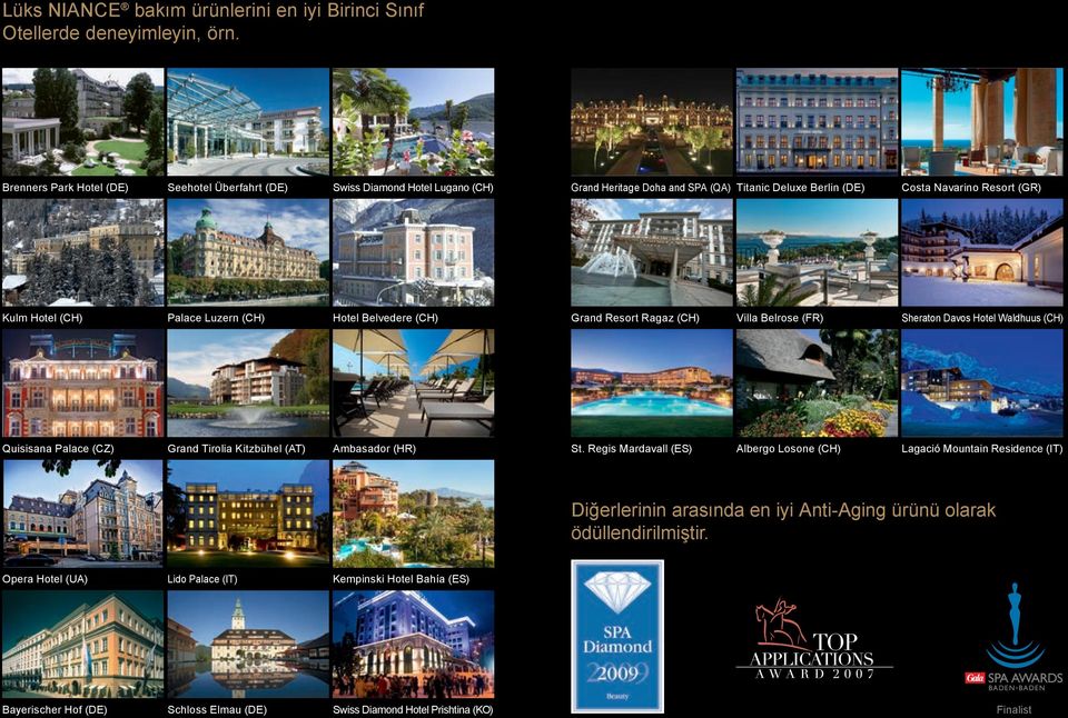 Palace Luzern (CH) Hotel Belvedere (CH) Grand Resort Ragaz (CH) Villa Belrose (FR) Sheraton Davos Hotel Waldhuus (CH) Quisisana Palace (CZ) Grand Tirolia Kitzbühel (AT) Ambasador (HR)