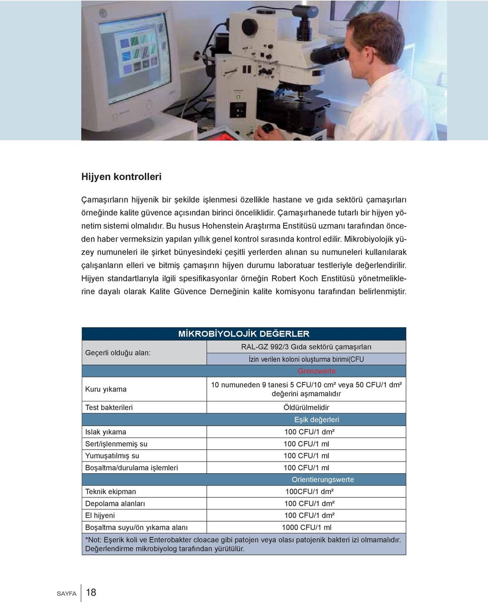 Mikrobiyolojik yüzey numuneleri ile şirket bünyesindeki çeşitli yerlerden alınan su numuneleri kullanılarak çalışanların elleri ve bitmiş çamaşırın hijyen durumu laboratuar testleriyle