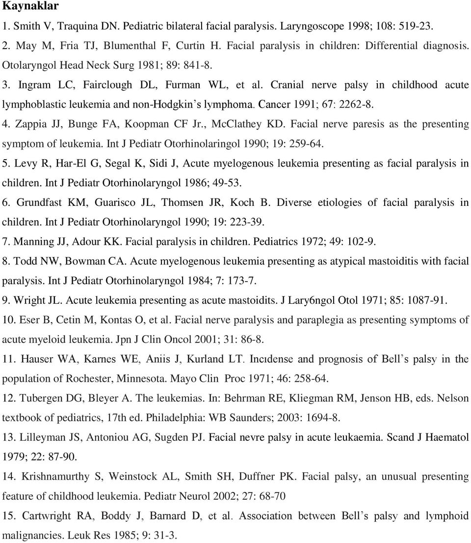 Cranial nerve palsy in childhood acute lymphoblastic leukemia and non-hodgkin s lymphoma. Cancer 1991; 67: 2262-8. 4. Zappia JJ, Bunge FA, Koopman CF Jr., McClathey KD.