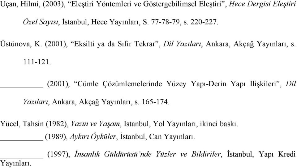 (2001), Cümle Çözümlemelerinde Yüzey Yapı-Derin Yapı İlişkileri, Dil Yazıları, Ankara, Akçağ Yayınları, s. 165-174.
