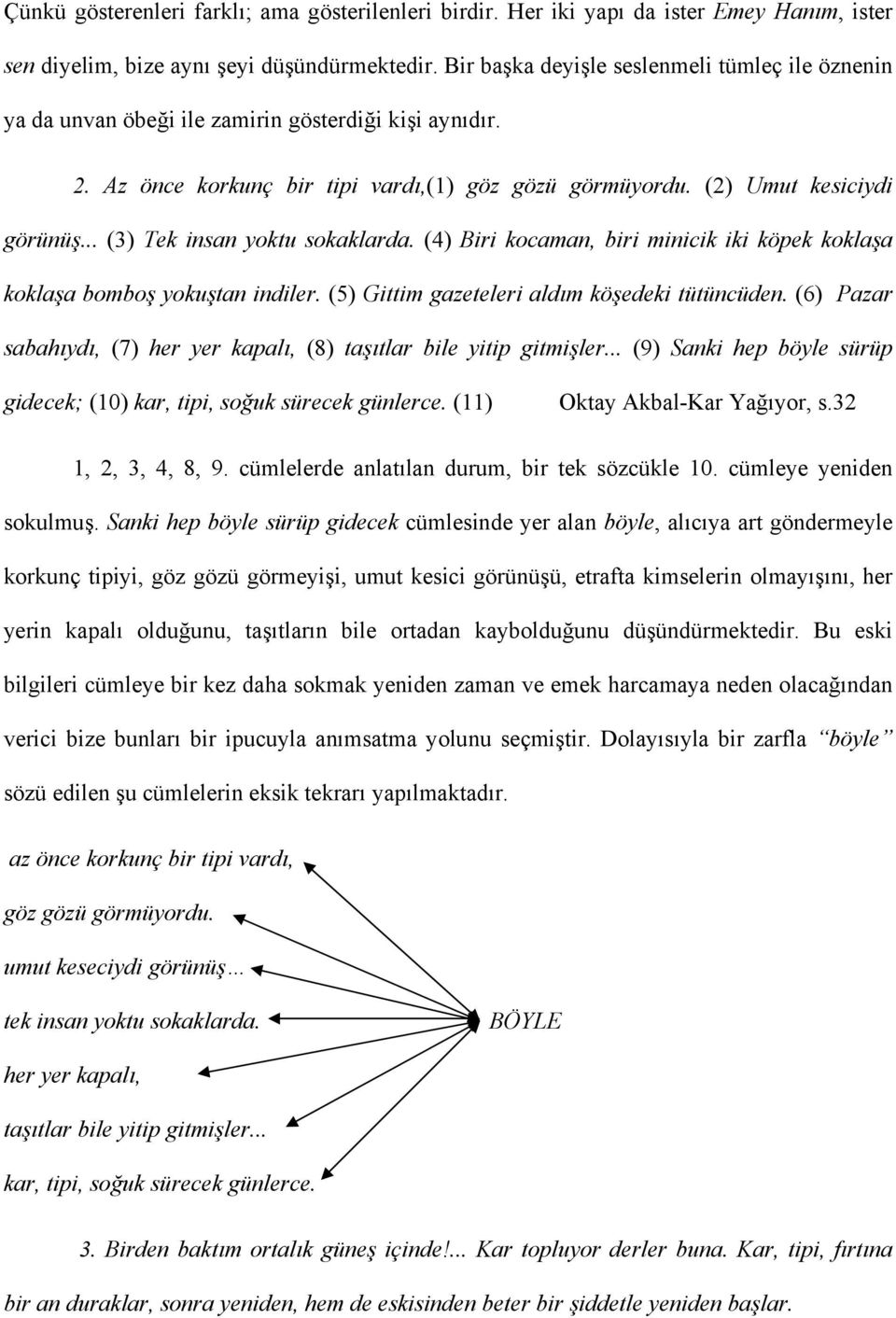 .. (3) Tek insan yoktu sokaklarda. (4) Biri kocaman, biri minicik iki köpek koklaşa koklaşa bomboş yokuştan indiler. (5) Gittim gazeteleri aldım köşedeki tütüncüden.