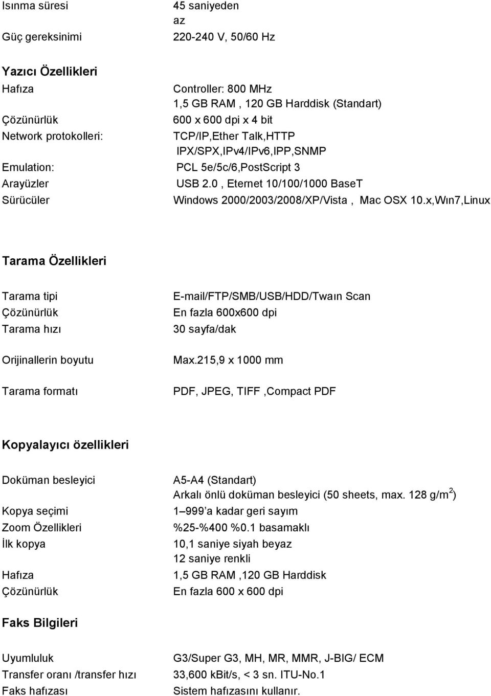 x,Wın7,Linux Tarama Özellikleri Tarama tipi Tarama hızı E-mail/FTP/SMB/USB/HDD/Twaın Scan En fazla 600x600 dpi 30 sayfa/dak Orijinallerin boyutu Max.