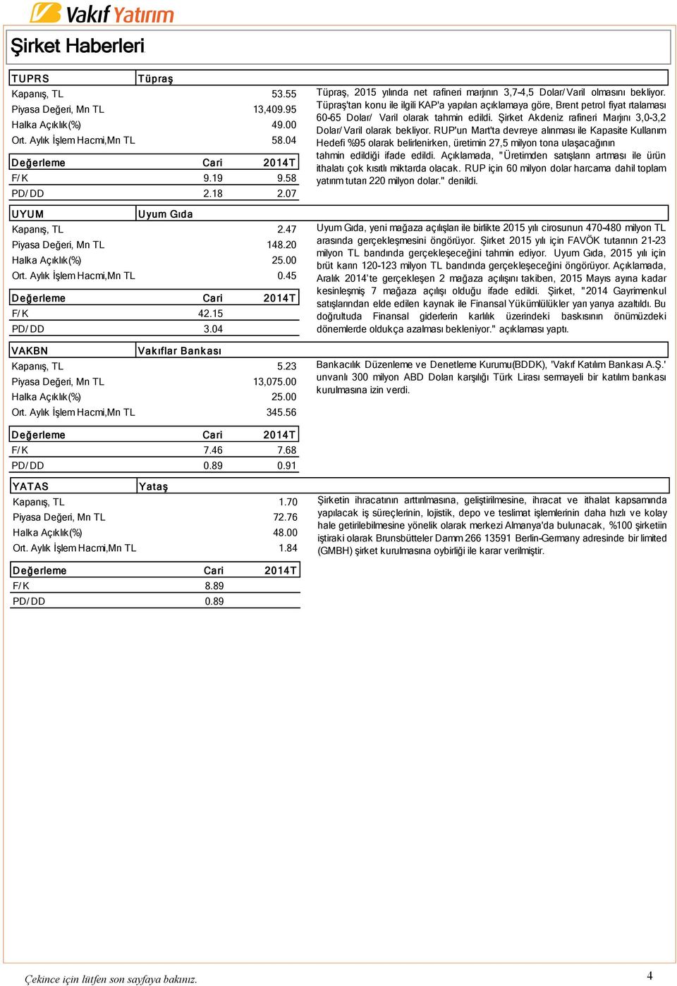 00 Halka Açıklık(%) 25.00 Ort. Aylık İşlem Hacmi,Mn TL 345.56 Tüpraş, 2015 yılında net rafineri marjının 3,7-4,5 Dolar/ Varil olmasını bekliyor.