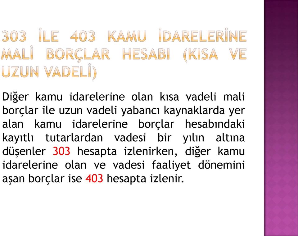 tutarlardan vadesi bir yılın altına düşenler 303 hesapta izlenirken, diğer