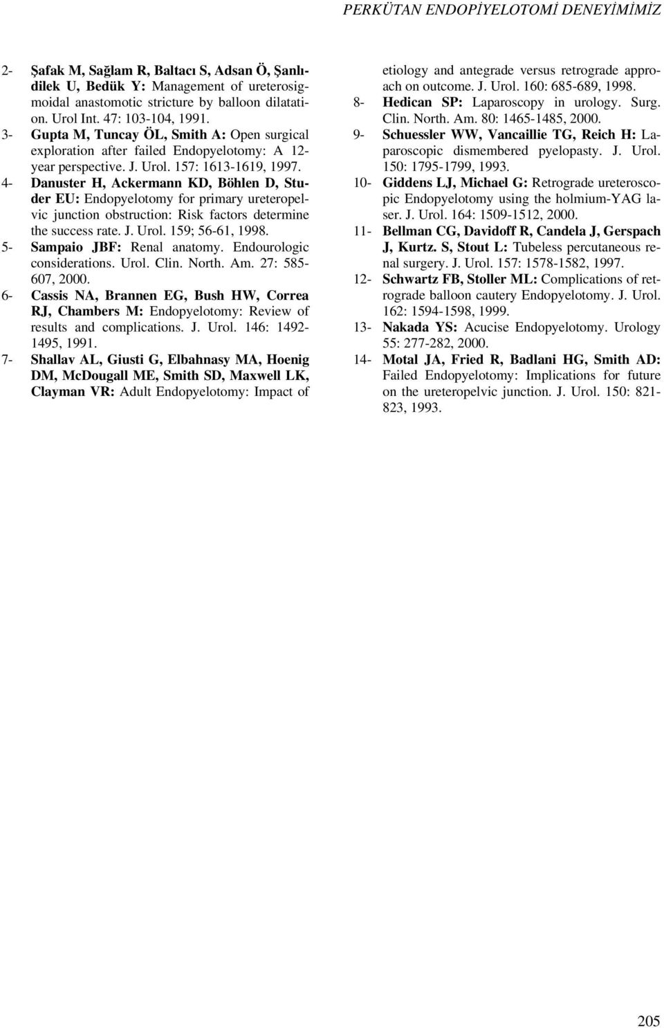 4- Danuster H, Ackermann KD, Böhlen D, Studer EU: Endopyelotomy for primary ureteropelvic junction obstruction: Risk factors determine the success rate. J. Urol. 159; 56-61, 1998.