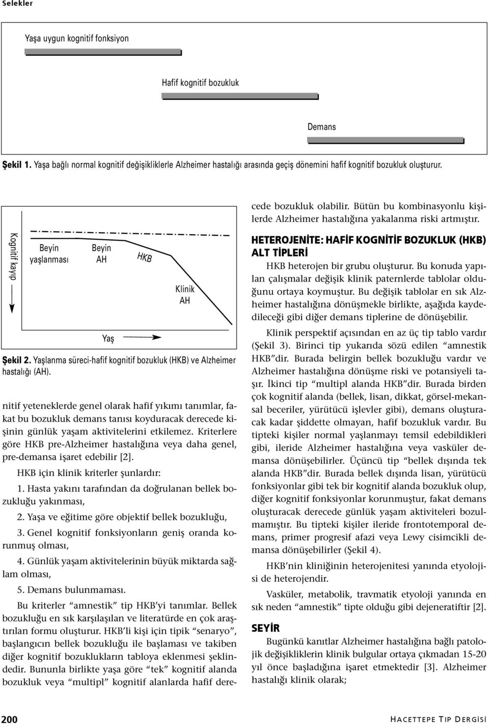 Kriterlere göre HKB pre-alzheimer hastalığına veya daha genel, pre-demansa işaret edebilir [2]. HKB için klinik kriterler şunlardır: 1.