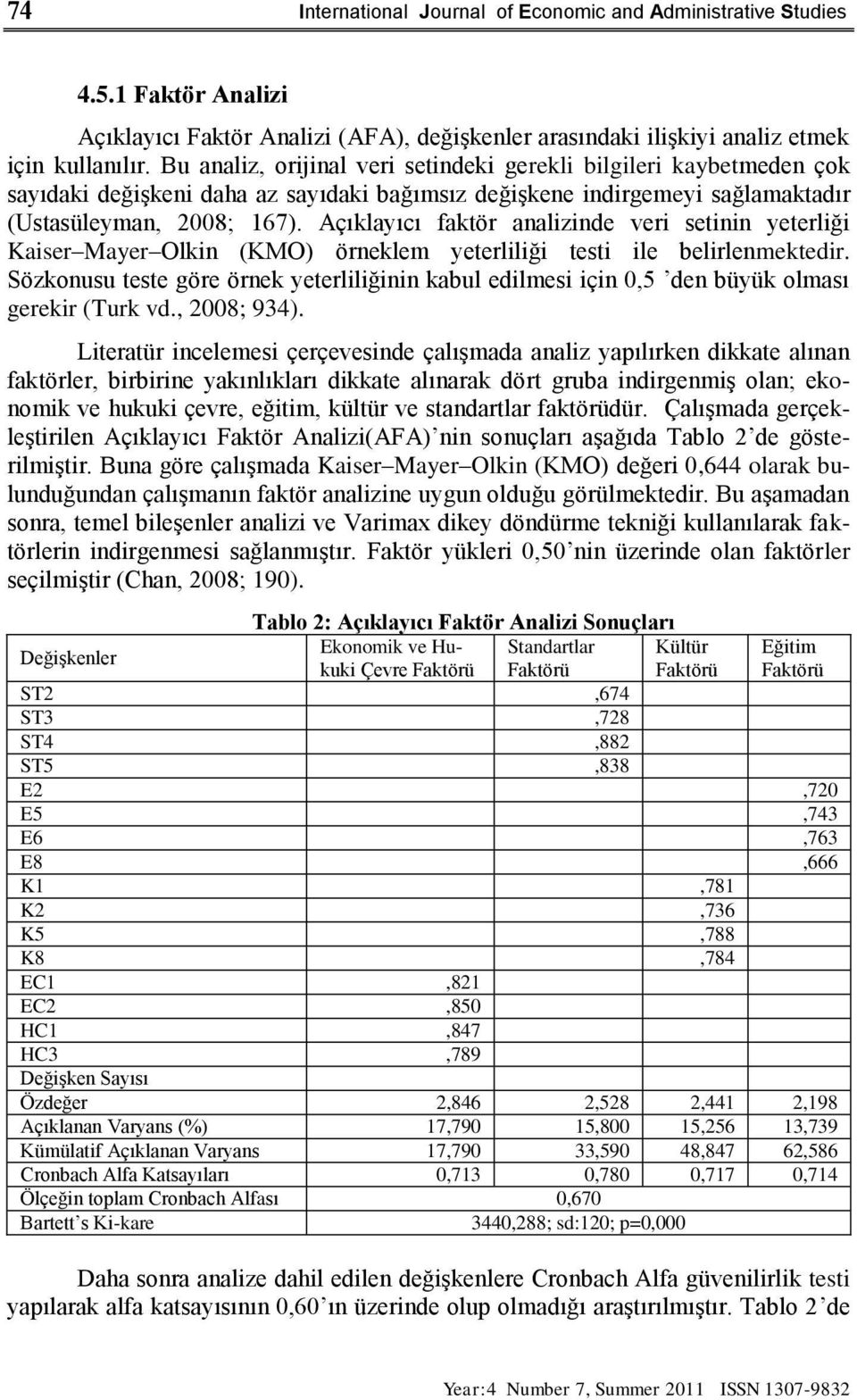 Açıklayıcı faktör analizinde veri setinin yeterliği Kaiser Mayer Olkin (KMO) örneklem yeterliliği testi ile belirlenmektedir.