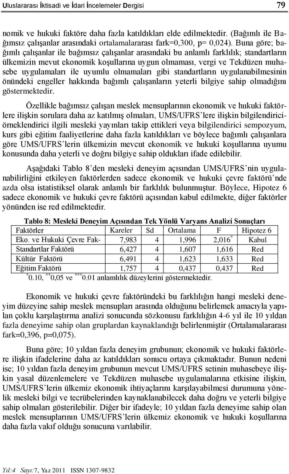 Buna göre; bağımlı çalıģanlar ile bağımsız çalıģanlar arasındaki bu anlamlı farklılık; standartların ülkemizin mevut ekonomik koģullarına uygun olmaması, vergi ve Tekdüzen muhasebe uygulamaları ile