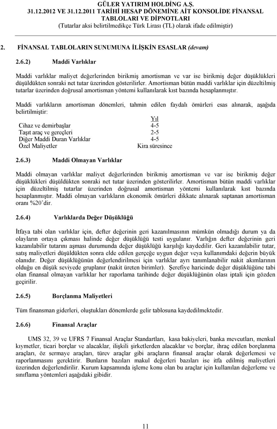 Amortisman bütün maddi varlıklar için düzeltilmiş tutarlar üzerinden doğrusal amortisman yöntemi kullanılarak kıst bazında hesaplanmıştır.