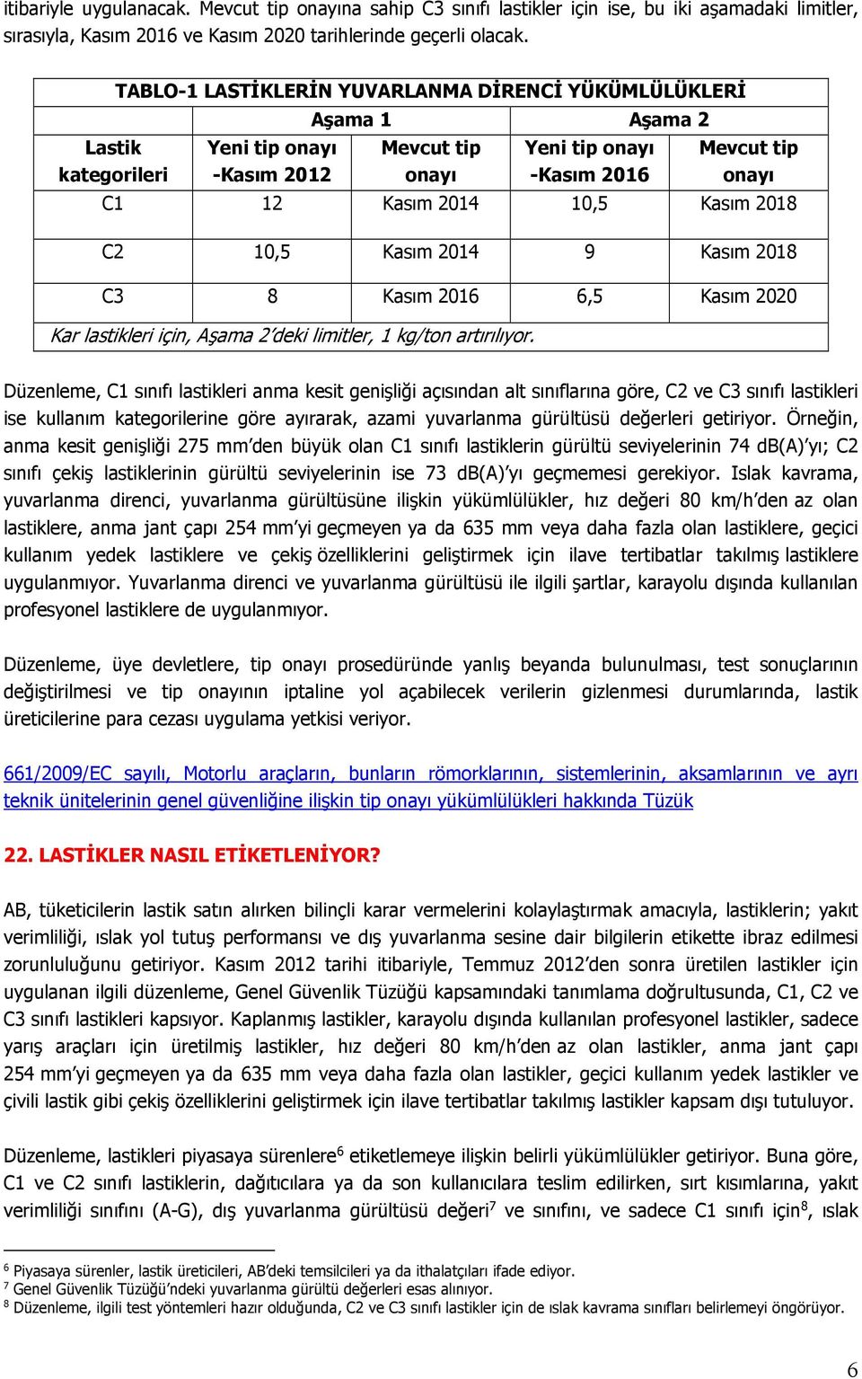 Kasım 2018 C2 10,5 Kasım 2014 9 Kasım 2018 C3 8 Kasım 2016 6,5 Kasım 2020 Kar lastikleri için, Aşama 2 deki limitler, 1 kg/ton artırılıyor.