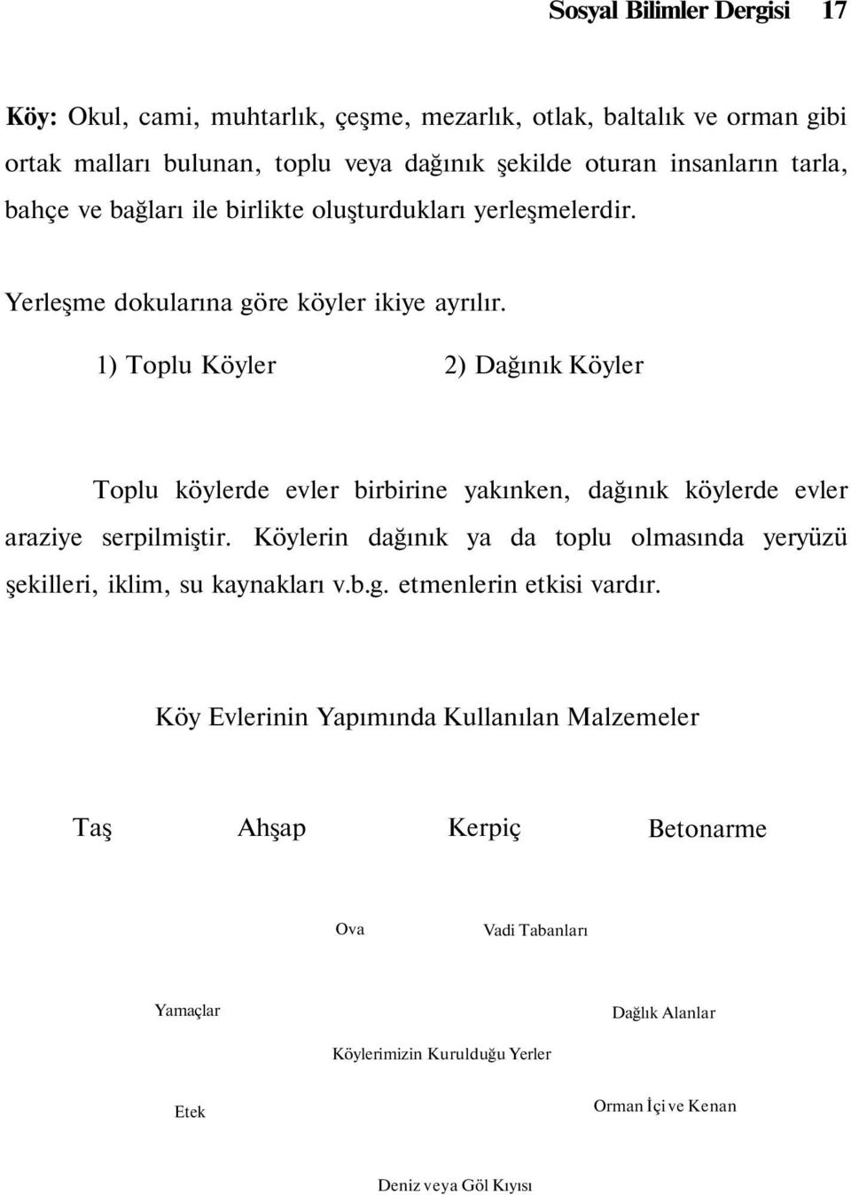 1) Toplu Köyler 2) Dağınık Köyler Toplu köylerde evler birbirine yakınken, dağınık köylerde evler araziye serpilmiştir.