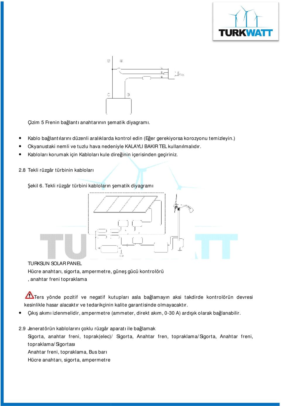 Tekli rüzgâr türbini kabloların şematik diyagramı TURKSUN SOLAR PANEL Hücre anahtarı, sigorta, ampermetre, güneş gücü kontrolörü, anahtar freni topraklama Ters yönde pozitif ve negatif kutupları asla