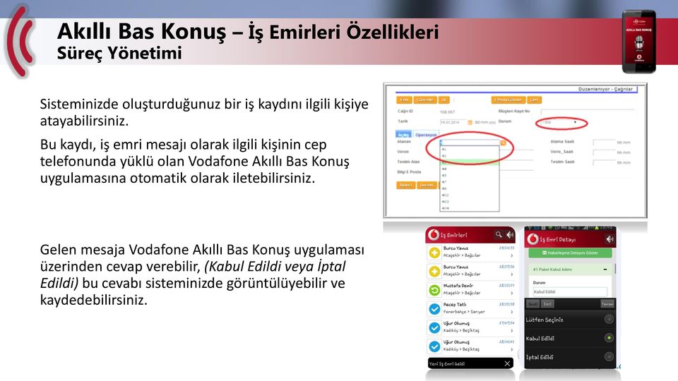 Bu kaydı, iş emri mesajı olarak ilgili kişinin cep telefonunda yüklü olan Vodafone Akıllı Bas Konuş