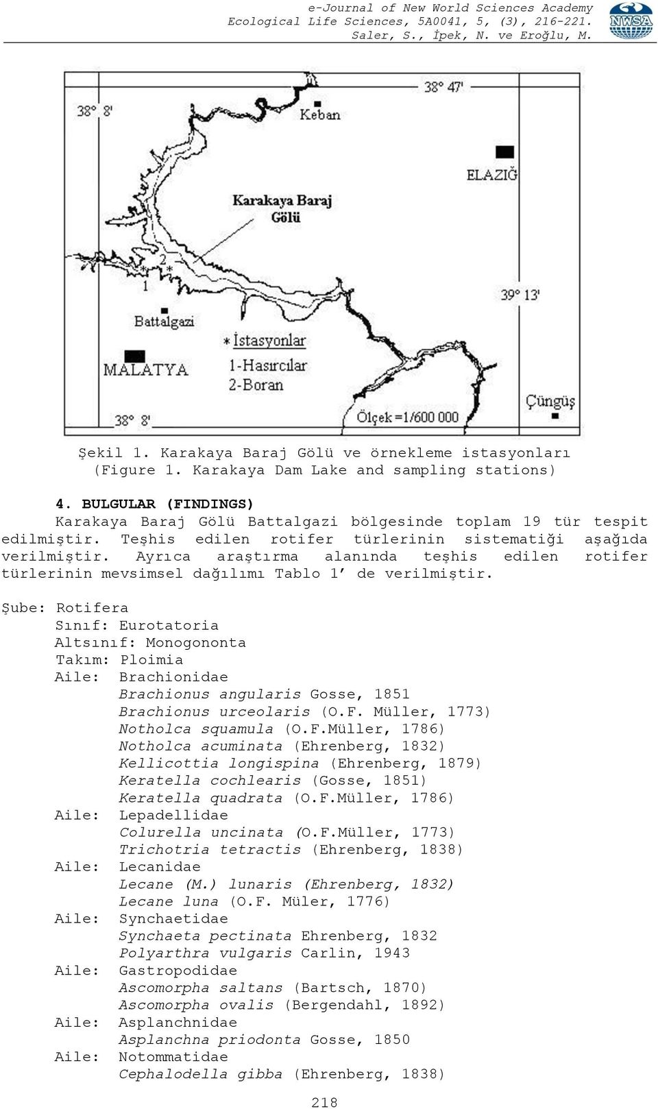 Ayrıca araştırma alanında teşhis edilen rotifer türlerinin mevsimsel dağılımı Tablo 1 de verilmiştir.