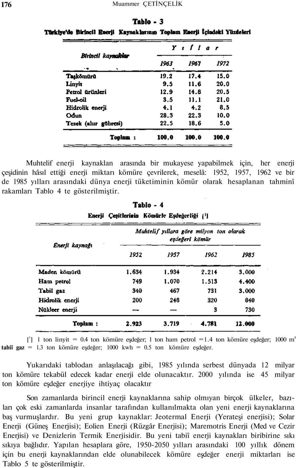 4 ton kömüre eşdeğer; 1000 m 8 tabiî gaz = 1.3 ton kömüre eşdeğer; 1000 kwh = 0.5 ton kömüre eşdeğer.