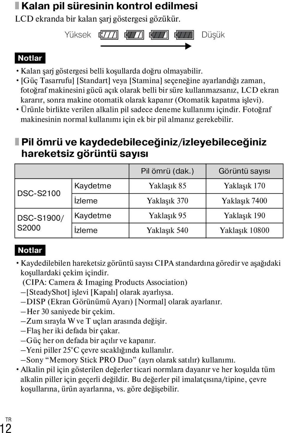 (Otomatik kapatma işlevi). Ürünle birlikte verilen alkalin pil sadece deneme kullanımı içindir. Fotoğraf makinesinin normal kullanımı için ek bir pil almanız gerekebilir.