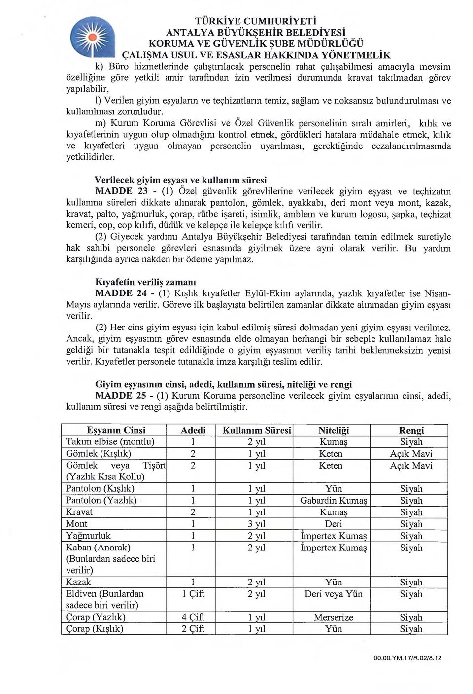 m) Kurum Koruma Görevlisi ve Özel Güvenlik personelinin sıralı amirleri, kılık ve kıyafetlerinin uygun olup olmadığını kontrol etmek, gördükleri hatalara müdahale etmek, kılık ve kıyafetleri uygun