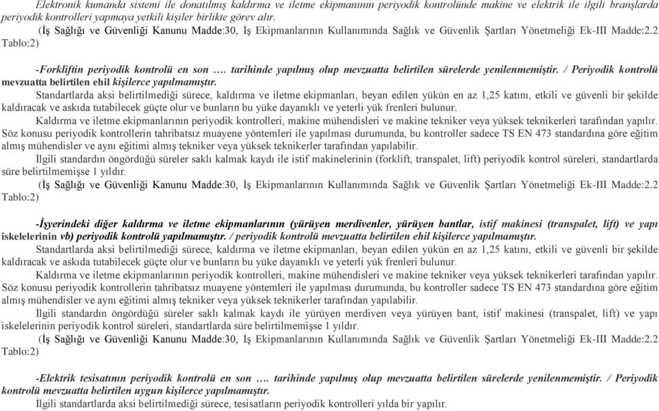 tarihinde yapılmış olup mevzuatta belirtilen sürelerde yenilenmemiştir. / Periyodik kontrolü mevzuatta belirtilen ehil kişilerce yapılmamıştır.