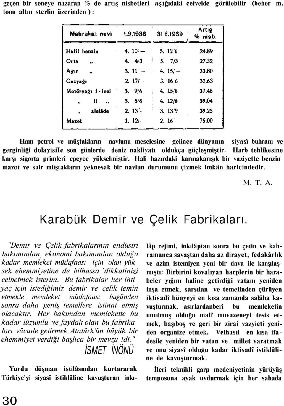 Harb tehlikesine karşı sigorta primleri epeyce yükselmiştir. Hali hazırdaki karmakarışık bir vaziyette benzin mazot ve sair müştakların yeknesak bir navlun durumunu çizmek imkân haricindedir. M. T. A.