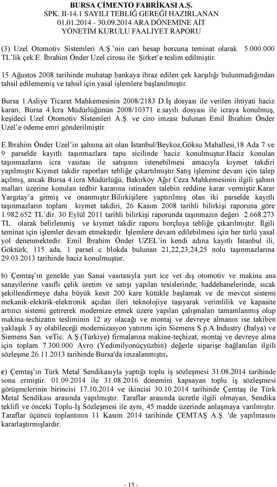 İş dosyası ile verilen ihtiyati haciz kararı, Bursa 4.İcra Müdürlüğünün 2008/10371 e.sayılı dosyası ile icraya konulmuş, keşideci Uzel Otomotiv Sistemleri A.Ş.