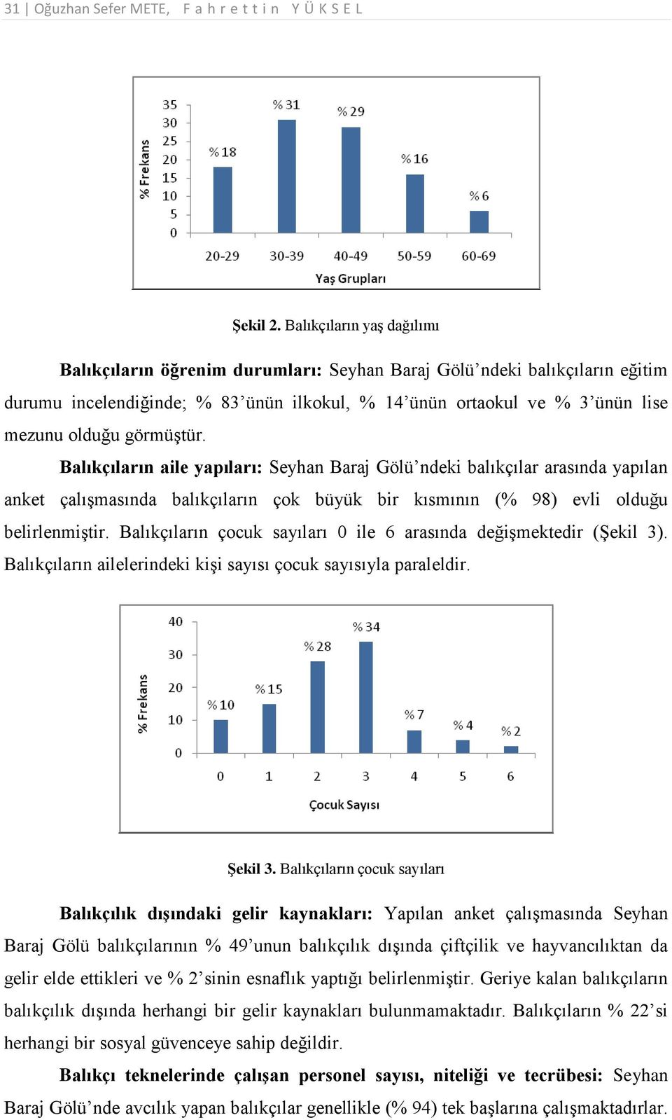 görmüştür. Balıkçıların aile yapıları: Seyhan Baraj Gölü ndeki balıkçılar arasında yapılan anket çalışmasında balıkçıların çok büyük bir kısmının (% 98) evli olduğu belirlenmiştir.