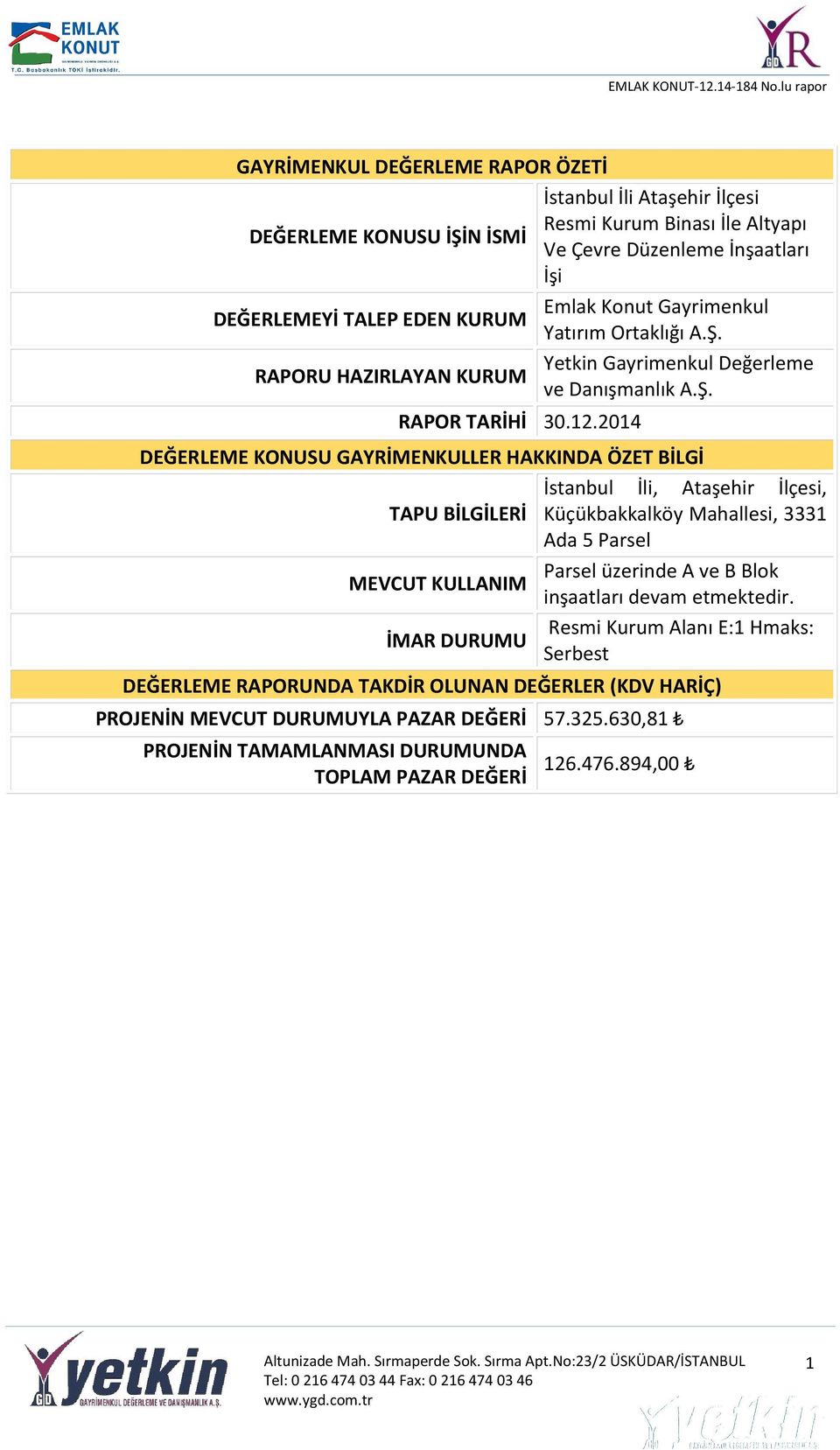 2014 DEĞERLEME KONUSU GAYRİMENKULLER HAKKINDA ÖZET BİLGİ İstanbul İli, Ataşehir İlçesi, TAPU BİLGİLERİ Küçükbakkalköy Mahallesi, 3331 Ada 5 Parsel MEVCUT KULLANIM Parsel üzerinde A ve B Blok