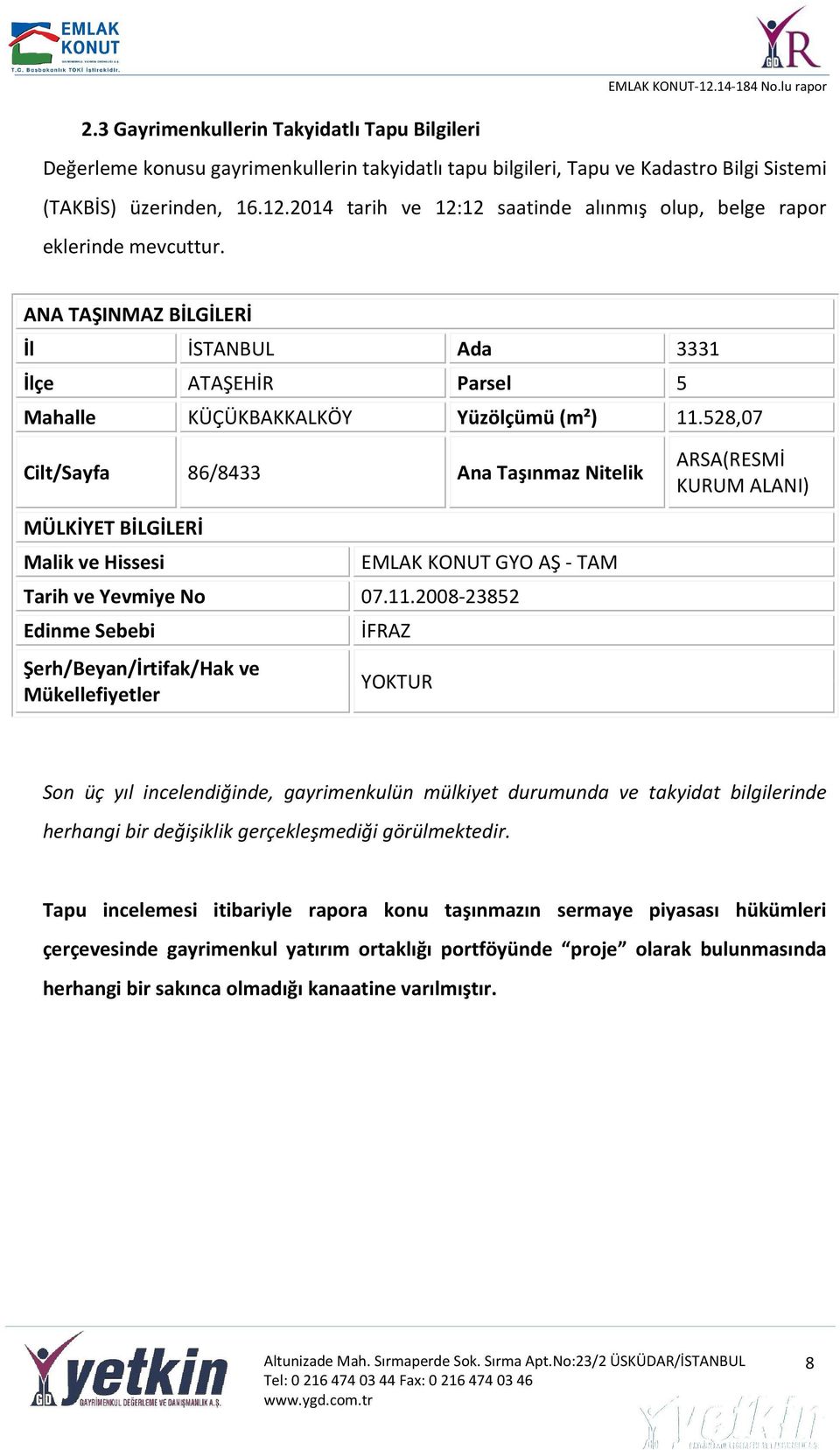 528,07 Cilt/Sayfa 86/8433 Ana Taşınmaz Nitelik ARSA(RESMİ KURUM ALANI) MÜLKİYET BİLGİLERİ Malik ve Hissesi EMLAK KONUT GYO AŞ - TAM Tarih ve Yevmiye No 07.11.